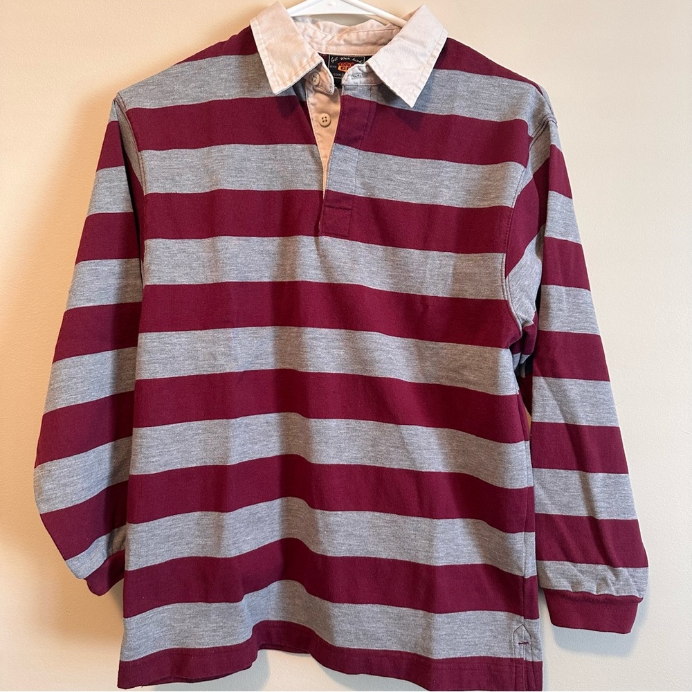 Boys Shirt 10/12 Medium Long Sleeve Button Collar Youth Kid Burgundy Gray Stripe